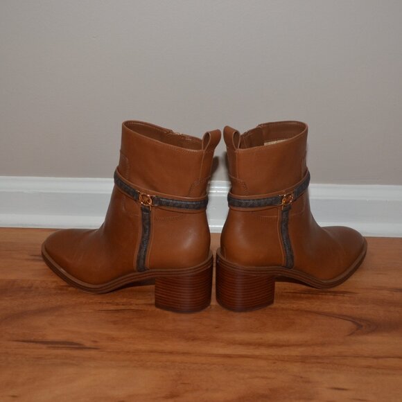 Michael Kors Womens 8.5 Brown Leather Mindy Block Heel Logo Zip Almond Boots - Picture 7 of 14